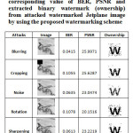 Table5: Attacked Jetplane images, corresponding value of BER, PSNR and extracted binary watermark (ownership) from attacked watermarked Jetplane image by using the proposed watermarking scheme