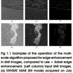 Figure 1.1: Examples of the operation of the multiscale algorithm proposed for edge enhancement in SAR images, compared to Lee + Sobel edge enhancement. (Left column) Input SAR images.